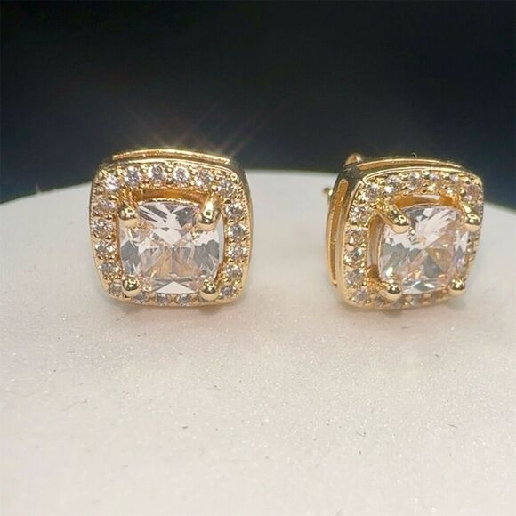 Fashion Jewelry Gold Plated Cushion Cut CZ Stud Earrings Screw Back - Picture 7 of 11